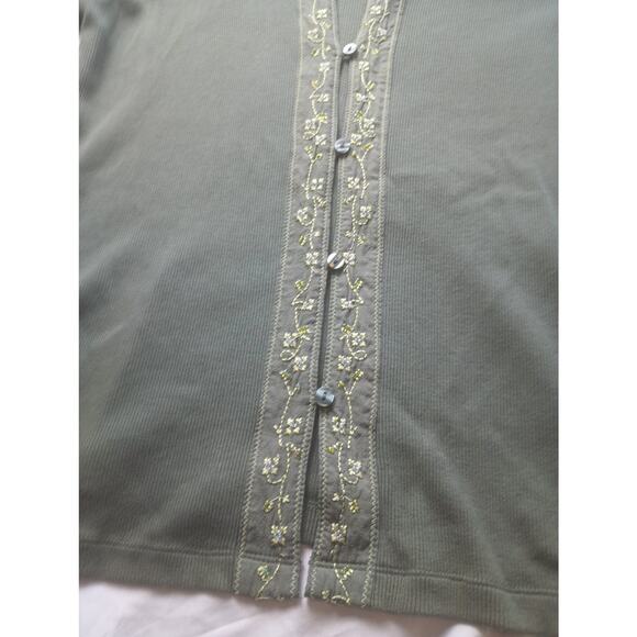 Denim & Co. 100% Cotton Green Embroidered Floral Ribbed Cardigan Women M NWT - Picture 2 of 5